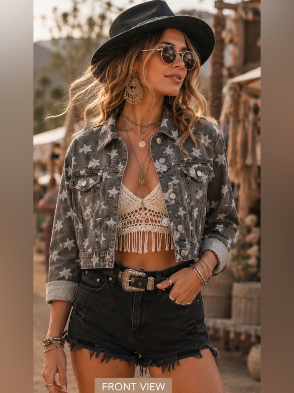 POL Size L Star Print Distressed Cropped Denim Jacket Gray Western Festival Boho